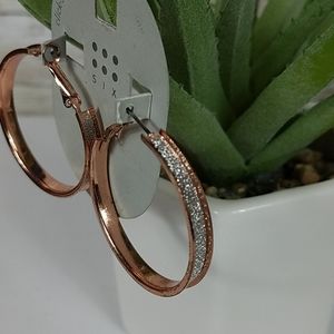 Six, Rose gold tone hoops, paves, pierced earrings